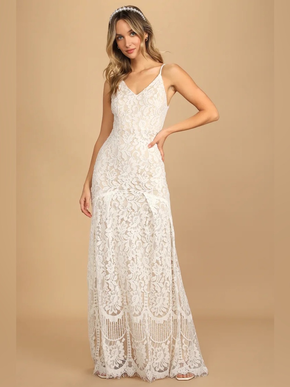 Lulus Flynn White Lace Maxi Dress Bridal Wedding Formal Size Small EUC